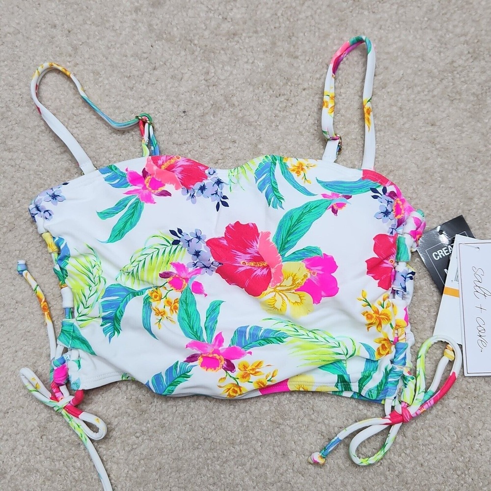 Salt + Cove Floral Swim Top Adjustable‎ Straps Side Lace Up Cami White Size S
